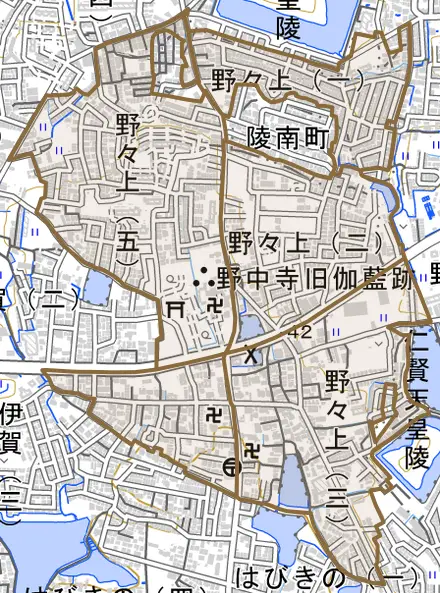野々上とその周辺の地図。町の範囲を重ねている