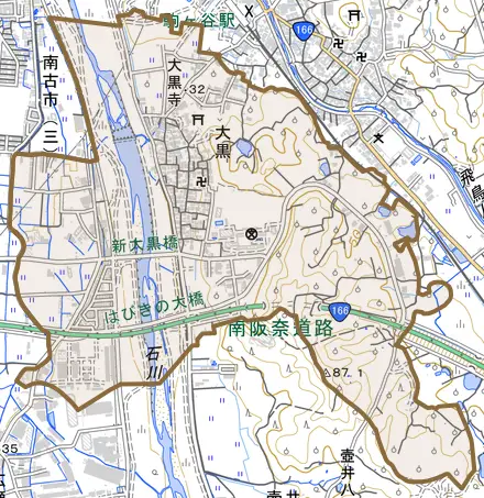 大黒とその周辺の地図。町の範囲を重ねている