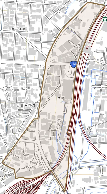 栄町とその周辺の地図。町の範囲を重ねている