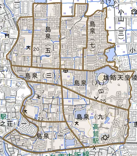 島泉とその周辺の地図。町の範囲を重ねている