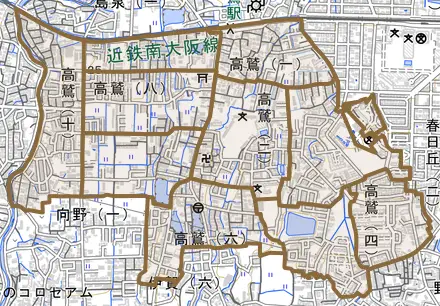 高鷲とその周辺の地図。町の範囲を重ねている