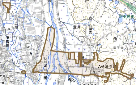 通法寺とその周辺の地図。町の範囲を重ねている