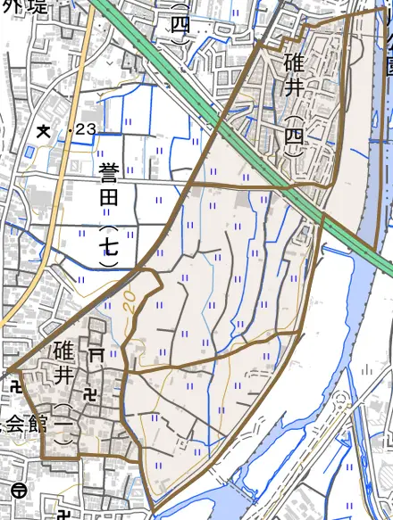 碓井とその周辺の地図。町の範囲を重ねている