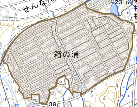 箱の浦とその周辺の地図。町の範囲を重ねている
