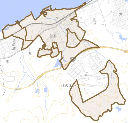 箱作とその周辺の地図。町の範囲を重ねている