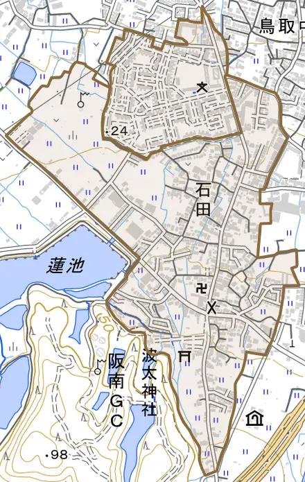 石田とその周辺の地図。町の範囲を重ねている