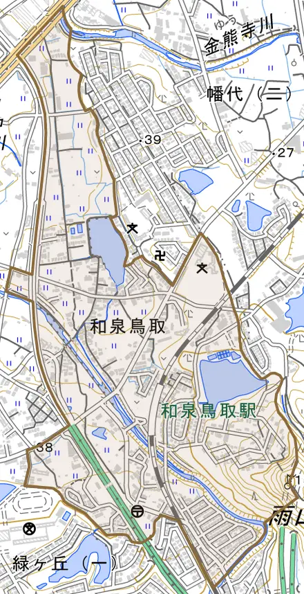 和泉鳥取とその周辺の地図。町の範囲を重ねている