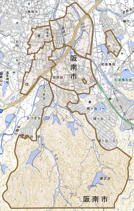 自然田とその周辺の地図。町の範囲を重ねている