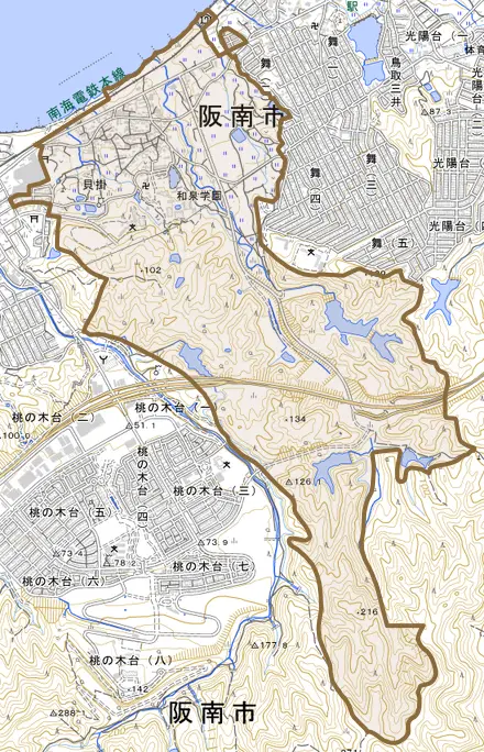 貝掛とその周辺の地図。町の範囲を重ねている