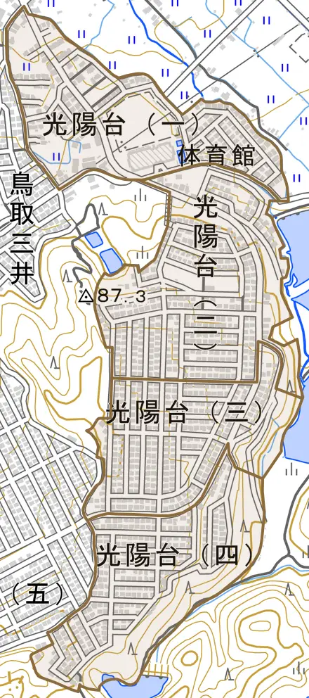 光陽台とその周辺の地図。町の範囲を重ねている
