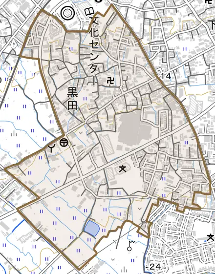 黒田とその周辺の地図。町の範囲を重ねている