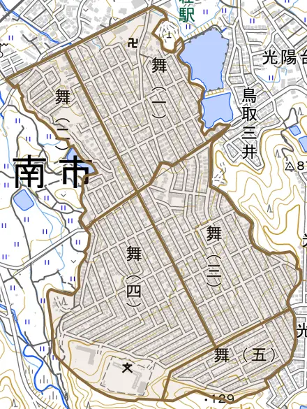 舞とその周辺の地図。町の範囲を重ねている