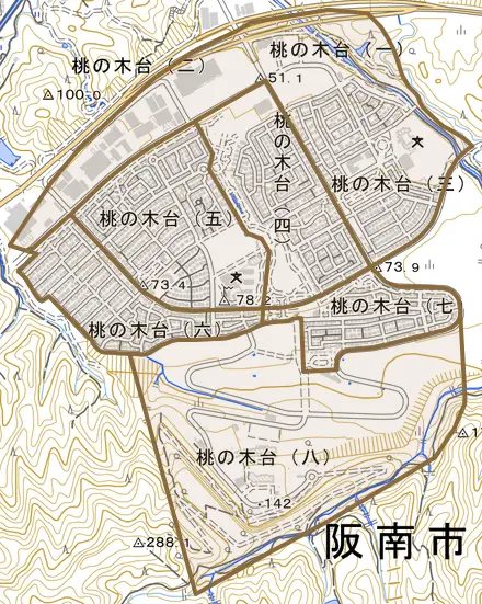 桃の木台とその周辺の地図。町の範囲を重ねている