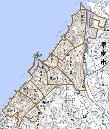 尾崎町とその周辺の地図。町の範囲を重ねている