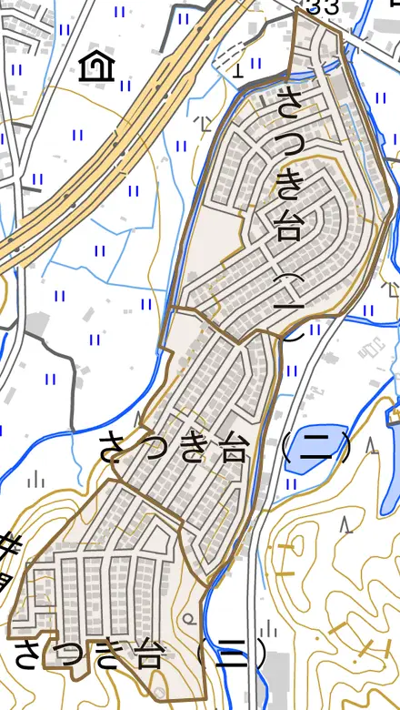 さつき台とその周辺の地図。町の範囲を重ねている