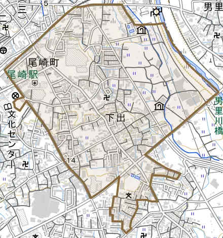 下出とその周辺の地図。町の範囲を重ねている