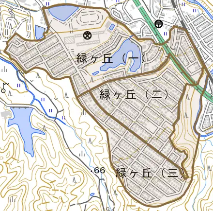 緑ヶ丘とその周辺の地図。町の範囲を重ねている