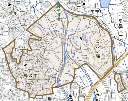 鳥取中とその周辺の地図。町の範囲を重ねている