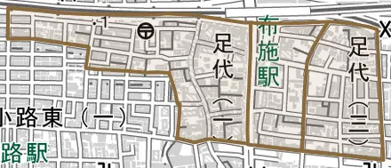 足代とその周辺の地図。町の範囲を重ねている