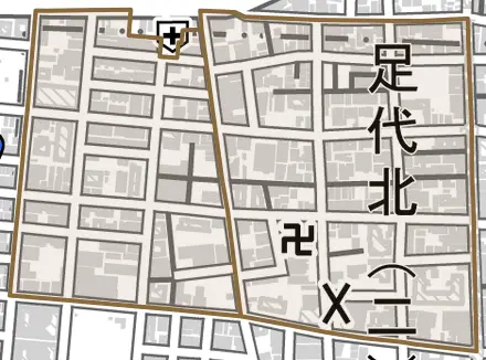 足代北とその周辺の地図。町の範囲を重ねている