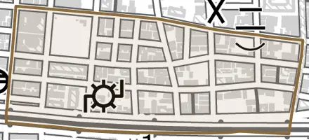 足代新町とその周辺の地図。町の範囲を重ねている
