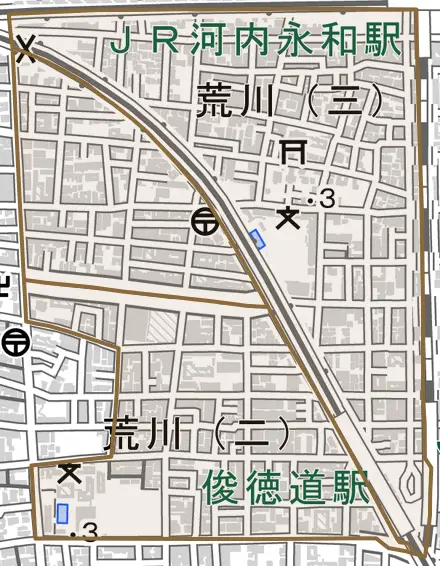 荒川とその周辺の地図。町の範囲を重ねている