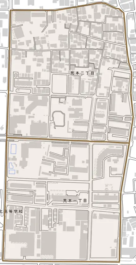 荒本とその周辺の地図。町の範囲を重ねている
