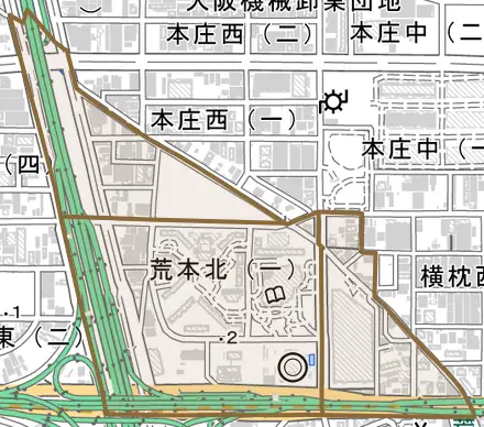 荒本北とその周辺の地図。町の範囲を重ねている