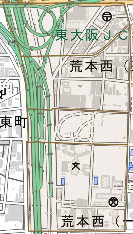 荒本西とその周辺の地図。町の範囲を重ねている
