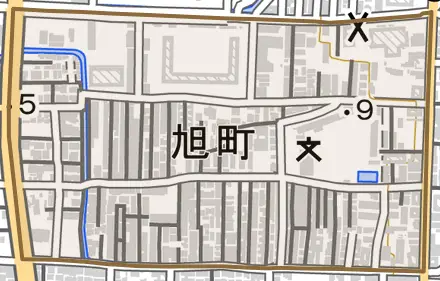 旭町とその周辺の地図。町の範囲を重ねている