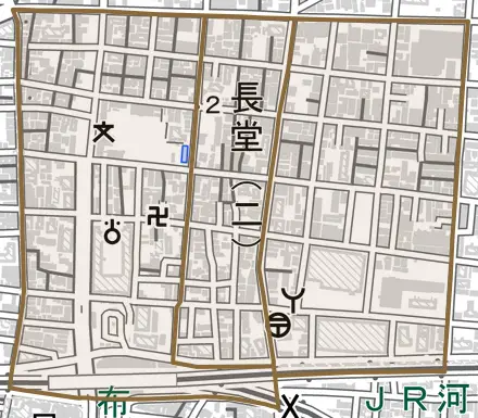 長堂とその周辺の地図。町の範囲を重ねている