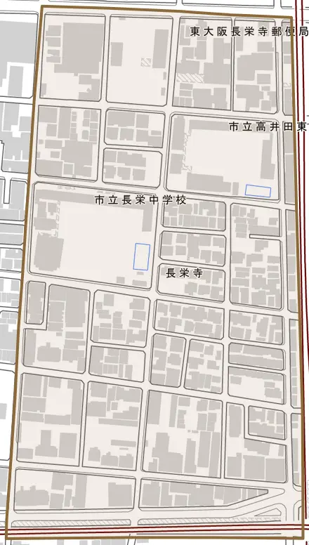 長栄寺とその周辺の地図。町の範囲を重ねている