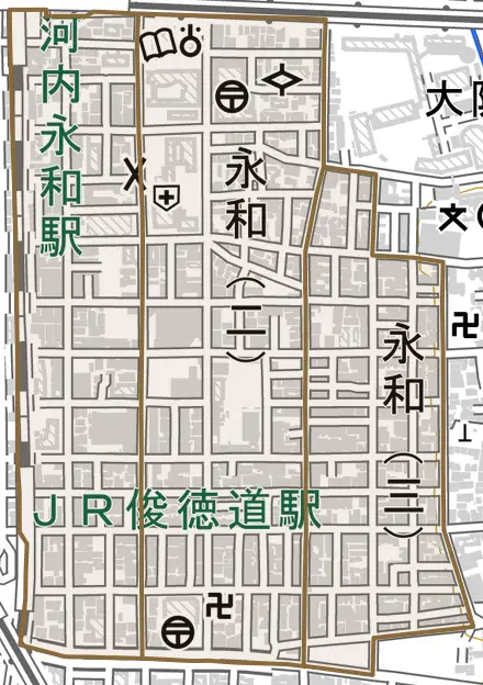 永和とその周辺の地図。町の範囲を重ねている