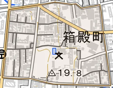 箱殿町とその周辺の地図。町の範囲を重ねている