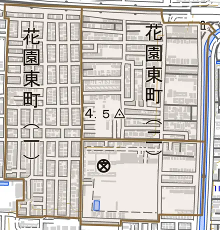 花園東町とその周辺の地図。町の範囲を重ねている