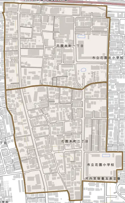 花園本町とその周辺の地図。町の範囲を重ねている