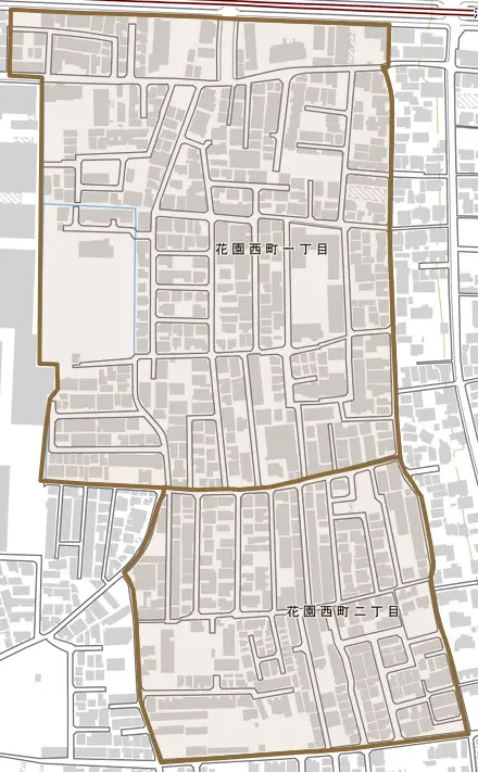 花園西町とその周辺の地図。町の範囲を重ねている