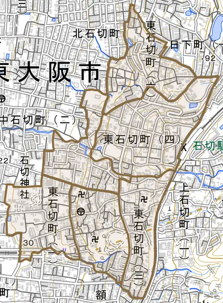 東石切町とその周辺の地図。町の範囲を重ねている