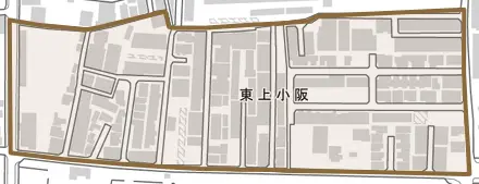 東上小阪とその周辺の地図。町の範囲を重ねている