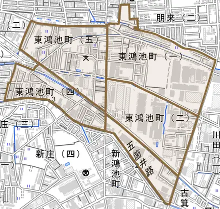 東鴻池町とその周辺の地図。町の範囲を重ねている