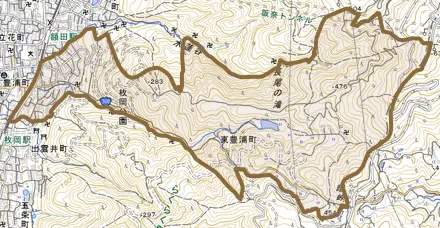 東豊浦町とその周辺の地図。町の範囲を重ねている