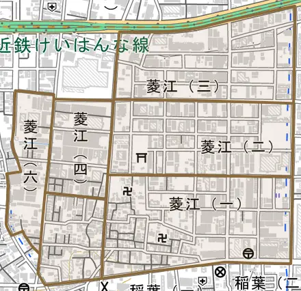 菱江とその周辺の地図。町の範囲を重ねている
