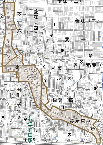 菱屋東とその周辺の地図。町の範囲を重ねている
