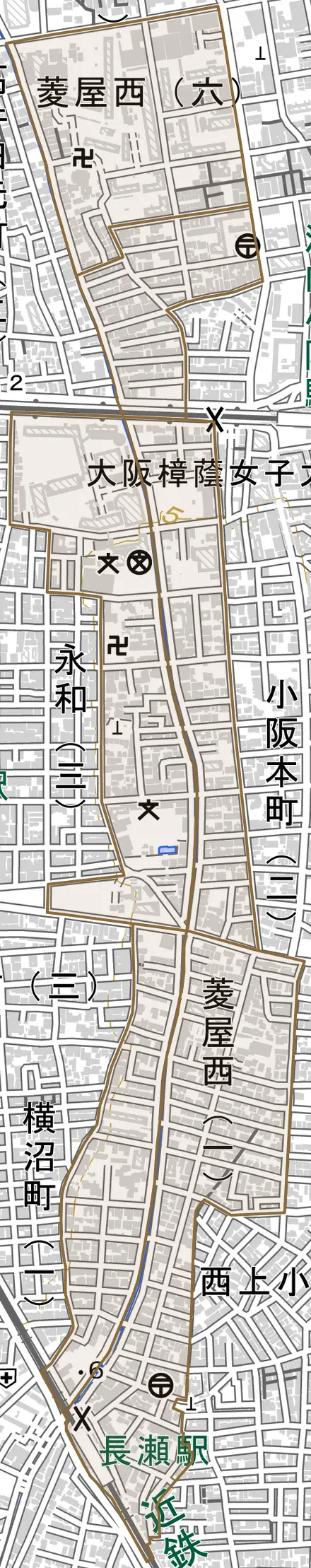 菱屋西とその周辺の地図。町の範囲を重ねている