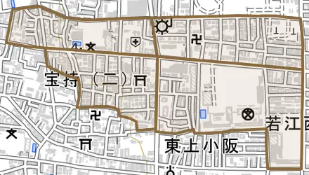 宝持とその周辺の地図。町の範囲を重ねている