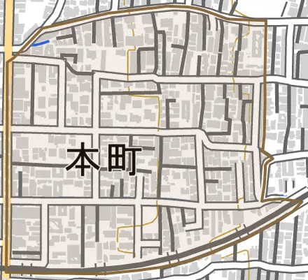 本町とその周辺の地図。町の範囲を重ねている