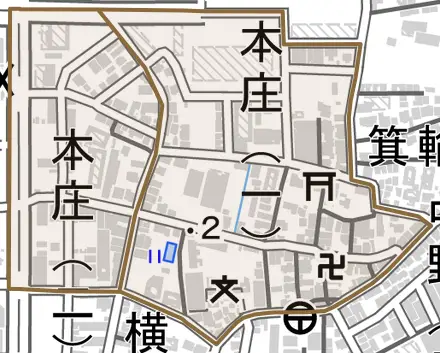 本庄とその周辺の地図。町の範囲を重ねている