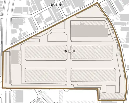 本庄東とその周辺の地図。町の範囲を重ねている