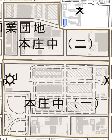 本庄中とその周辺の地図。町の範囲を重ねている