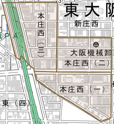 本庄西とその周辺の地図。町の範囲を重ねている
